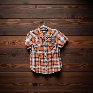 Harley-Davidson Women's
Genuine Oil Can Plaid
Bling Short Sleeve Shirt, Large